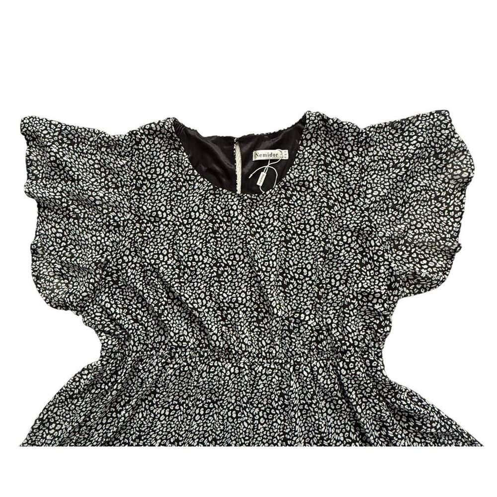 Nemidor Womens Black White Flutter Sleeve Ruffle Hem Flowy Dress Size US 24 - Picture 2 of 7